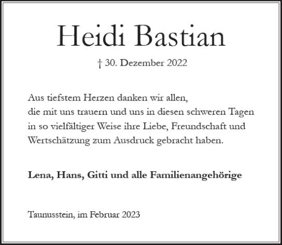 Traueranzeige von Heidi Bastian von Wiesbadener Kurier
