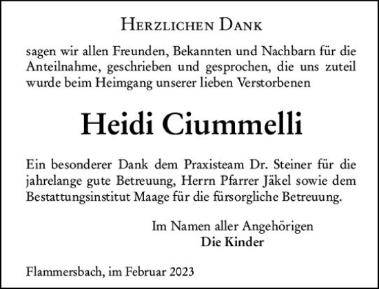 Traueranzeige von Heidi Ciummelli von Dill Block