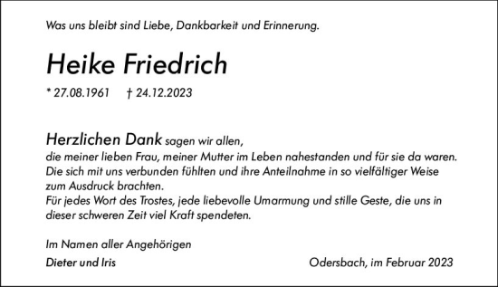 Traueranzeige von Heike Friedrich von Weilburger Tageblatt