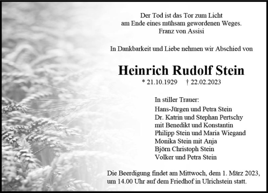 Traueranzeige von Heinrich Rudolf Stein von VRM Trauer