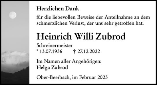 Traueranzeige von Heinrich Willi Zubrod von Darmstädter Echo