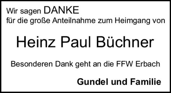 Traueranzeige von Heinz Paul Büchner von Starkenburger Echo