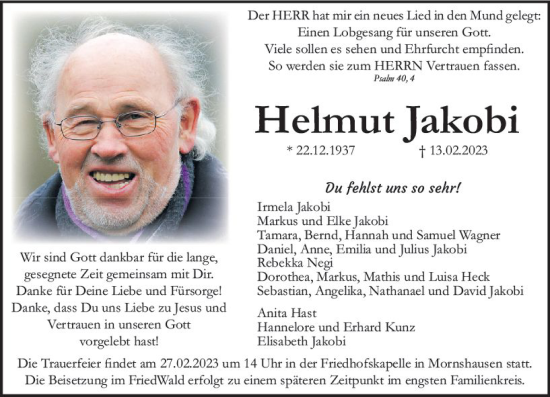 Traueranzeige von Helmut Jakobi von Hinterländer Anzeiger