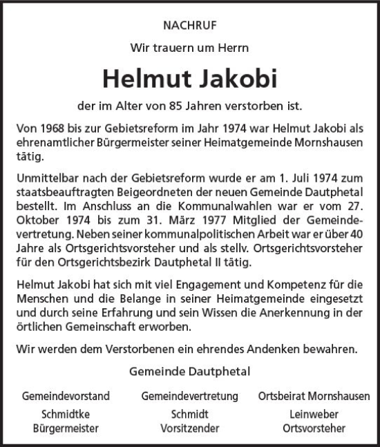 Traueranzeige von Helmut Jakobi von Hinterländer Anzeiger