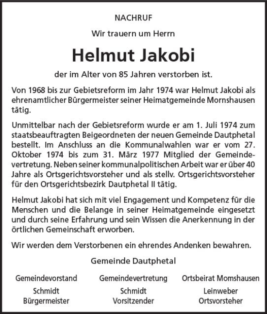Traueranzeige von Helmut Jakobi von Hinterländer Anzeiger