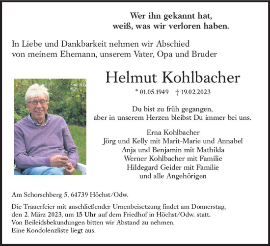 Traueranzeige von Helmut Kohlbacher von Odenwälder Echo