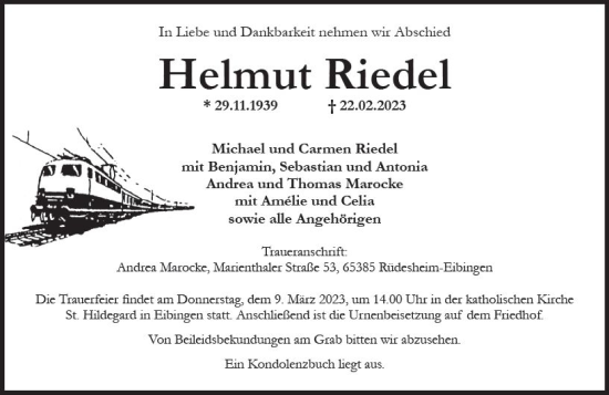 Traueranzeige von Helmut Riedel von Rheingau Kurier