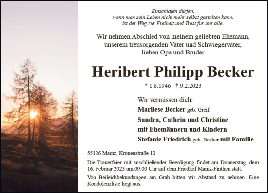 Traueranzeige von Heribert Philipp Becker von Allgemeine Zeitung Mainz