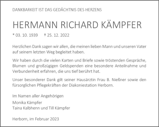Traueranzeige von Hermann Richard Kämpfer von Dill Block