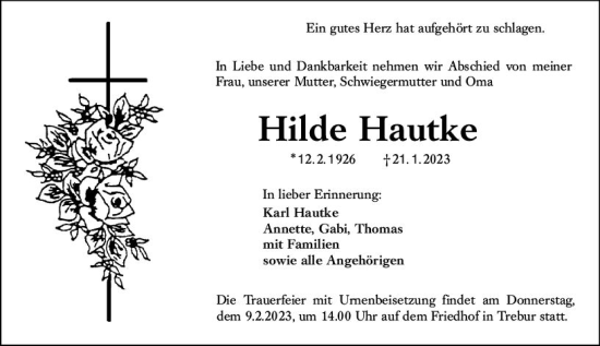 Traueranzeige von Hilde Hautke von Rüsselsheimer Echo