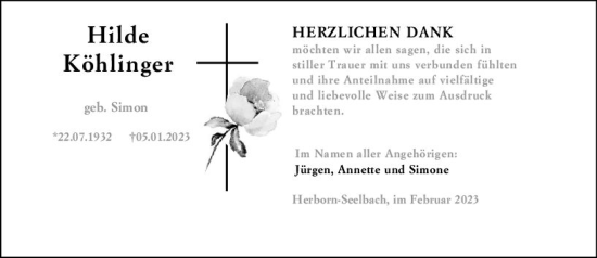 Traueranzeige von Hilde Köhlinger von Dill Block