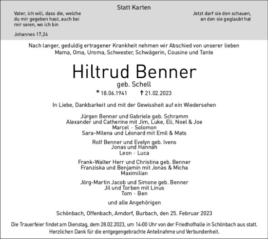 Traueranzeige von Hiltrud Benner von Dill Block