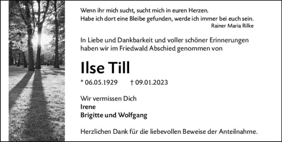 Traueranzeige von Ilse Till von Hinterländer Anzeiger