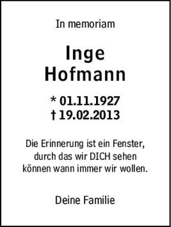 Traueranzeige von Inge Hofmann von Allgemeine Zeitung Mainz