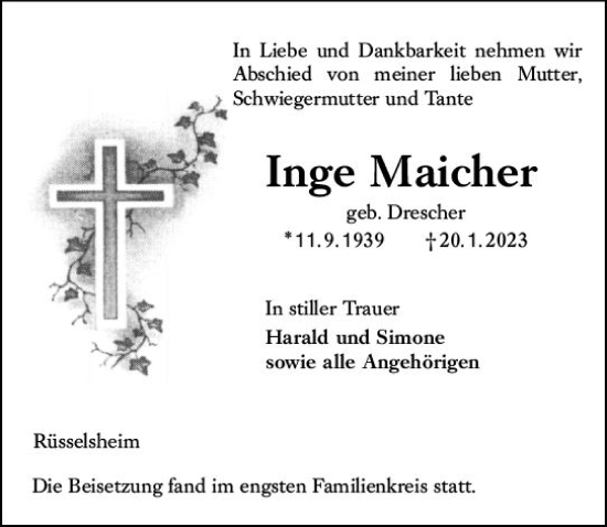 Traueranzeige von Inge Maicher von Rüsselsheimer Echo
