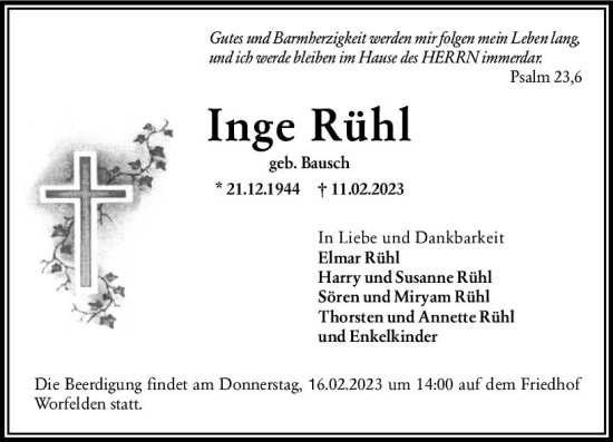 Traueranzeige von Inge Rühl von Groß-Gerauer Echo