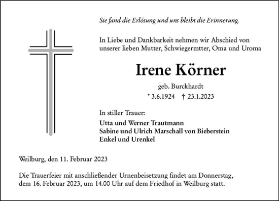 Traueranzeige von Irene Körner von Weilburger Tageblatt