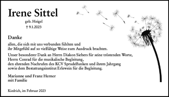 Traueranzeige von Irene Sittel von WK Rheingau
