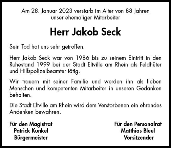 Traueranzeige von Jakob Seck von WK Rheingau