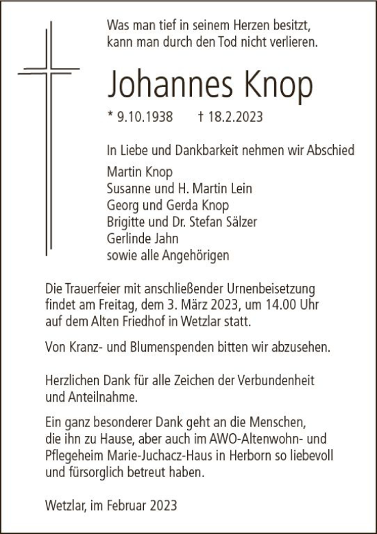 Traueranzeige von Johannes Knop von Wetzlarer Neue Zeitung