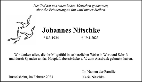Traueranzeige von Johannes Nitschke von Rüsselsheimer Echo