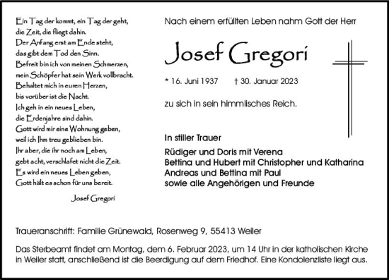 Traueranzeige von Josef Gregori von Allgemeine Zeitung Ingelheim-Bingen