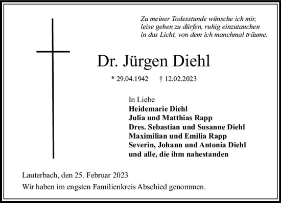 Traueranzeige von Jürgen Diehl von VRM Trauer