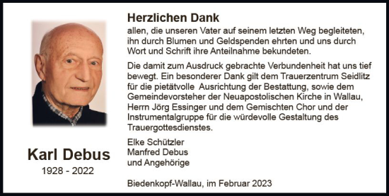 Traueranzeige von Karl Debus von Hinterländer Anzeiger