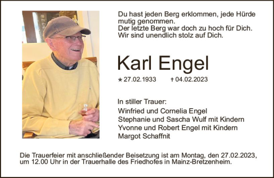 Traueranzeige von Karl Engel von Allgemeine Zeitung Mainz