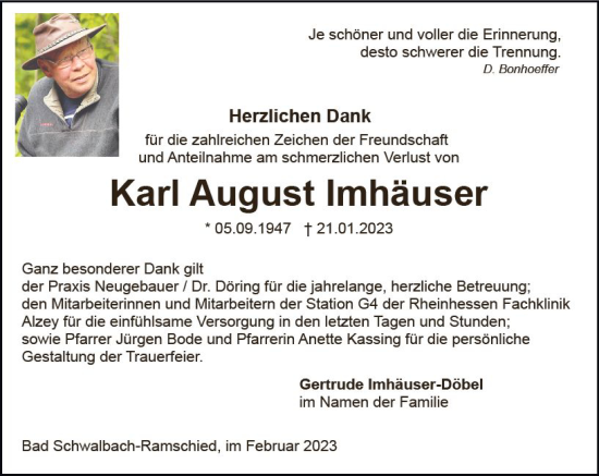 Traueranzeige von Karl August Imhäuser von Wiesbadener Kurier