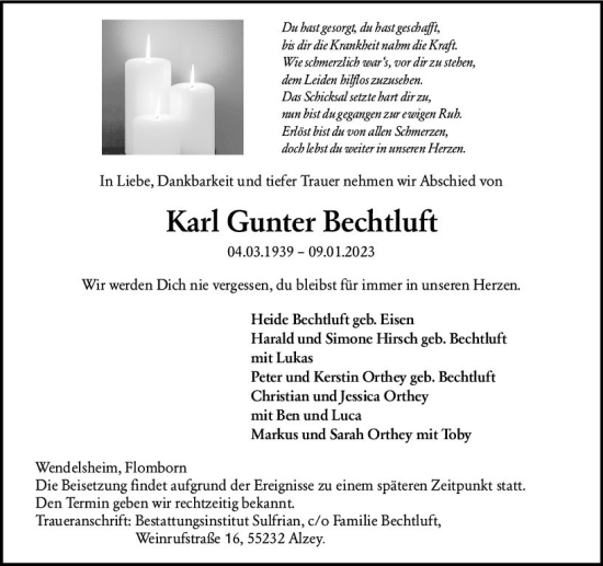 Traueranzeige von Karl Gunter Bechtluft von Allgemeine Zeitung Alzey