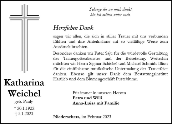 Traueranzeige von Katharina Weichel von Camberger Anzeiger