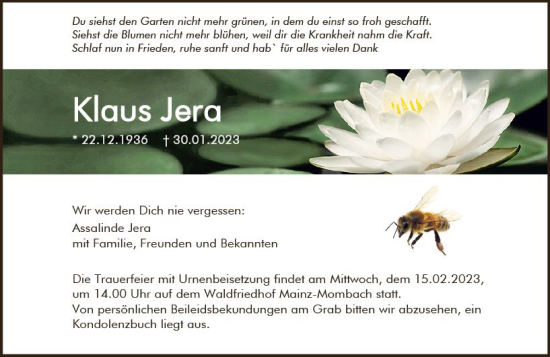 Traueranzeige von Klaus Jera von Allgemeine Zeitung Mainz