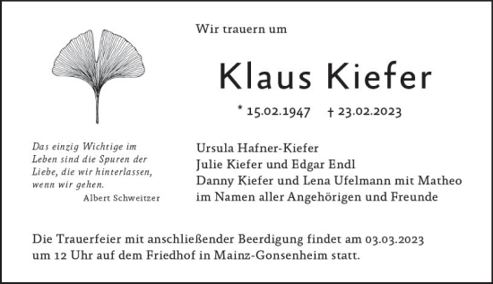 Traueranzeige von Klaus Kiefer von Allgemeine Zeitung Mainz
