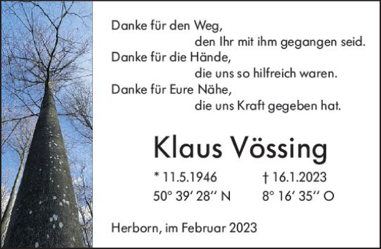Traueranzeige von Klaus Vössing von Dill Block