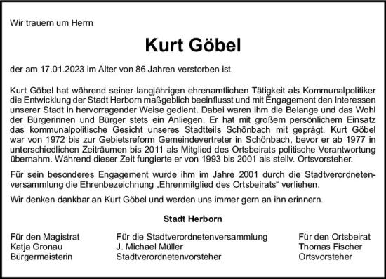 Traueranzeige von Kurt Göbel von Dill Block