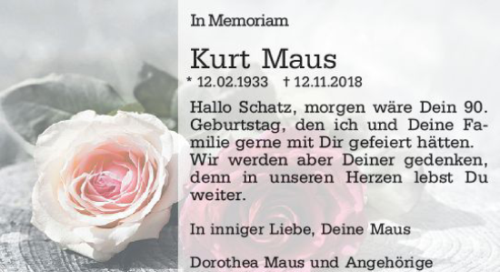Traueranzeige von Kurt Maus von Wiesbadener Kurier gesamt