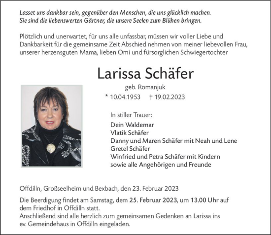 Traueranzeige von Larissa Schäfer von Dill Block