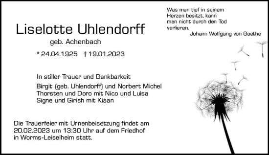 Traueranzeige von Liselotte Uhlendorff von Wormser Zeitung