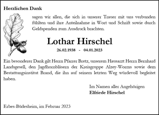 Traueranzeige von Lothar Hirschel von Allgemeine Zeitung Alzey