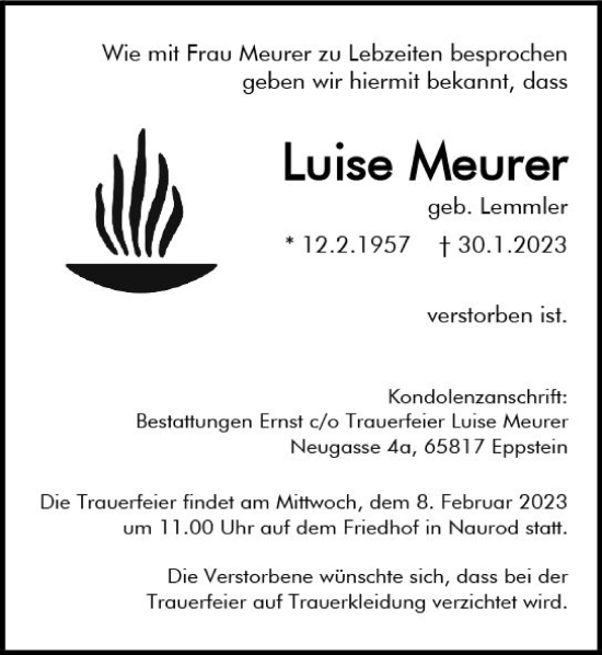 Traueranzeige von Luise Meurer von Wiesbadener Kurier gesamt