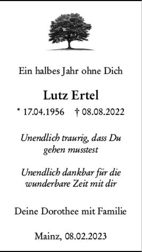 Traueranzeige von Lutz Ertel von Allgemeine Zeitung Mainz