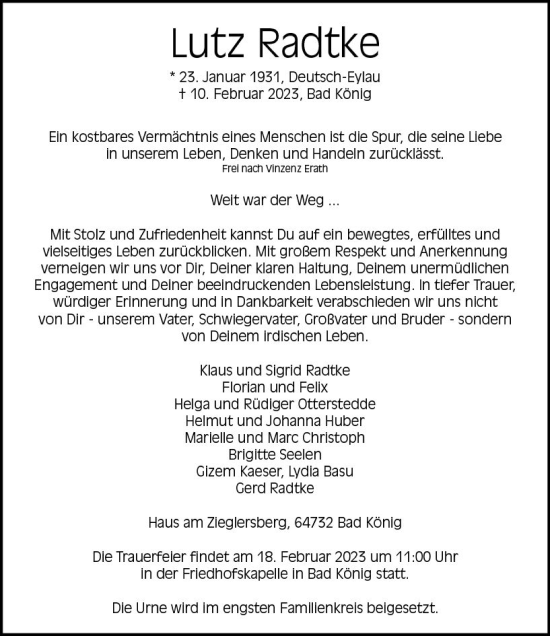 Traueranzeige von Lutz Radtke von Odenwälder Echo