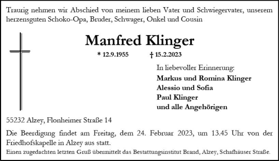 Traueranzeige von Manfred Klinger von Allgemeine Zeitung Alzey