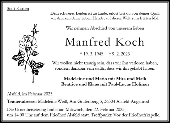 Traueranzeige von Manfred Koch von VRM Trauer