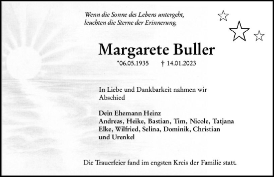 Traueranzeige von Margarete Buller von Rüsselsheimer Echo