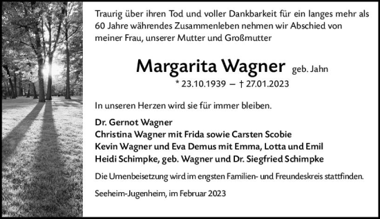 Traueranzeige von Margarita Wagner von Darmstädter Echo