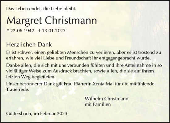 Traueranzeige von Margret Christmann von Odenwälder Echo