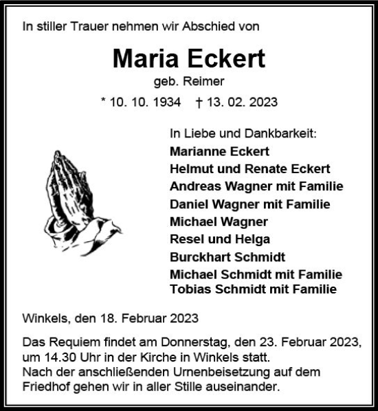 Traueranzeige von Maria Eckert von Weilburger Tageblatt