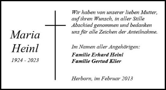 Traueranzeige von Maria Heinl von Dill Block